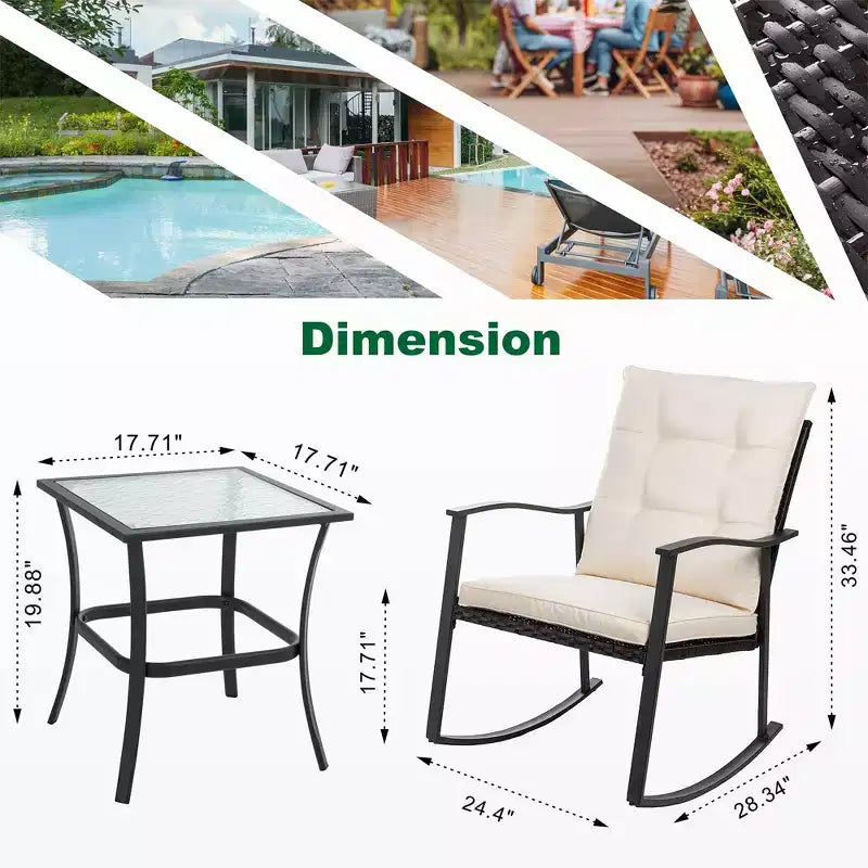 Celebalcony 3 Piece Outdoor Rocking Chair Set, Front Porch PE Wicker Rattan Small Bistro Set,Cushioned Patio Rocker Chair Set with Glass Table (Beige)