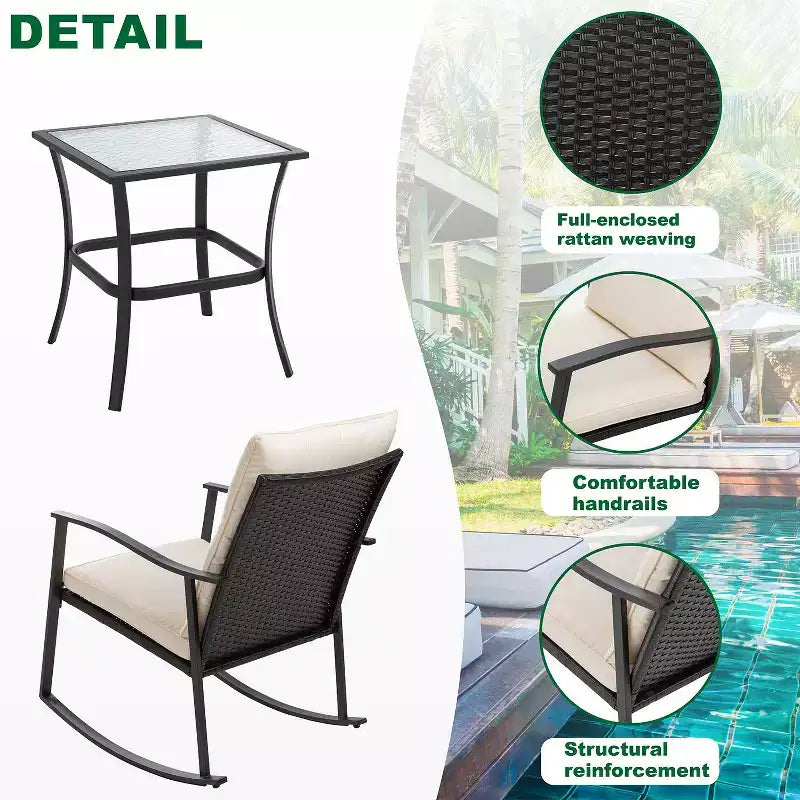 Celebalcony 3 Piece Outdoor Rocking Chair Set, Front Porch PE Wicker Rattan Small Bistro Set,Cushioned Patio Rocker Chair Set with Glass Table (Beige)