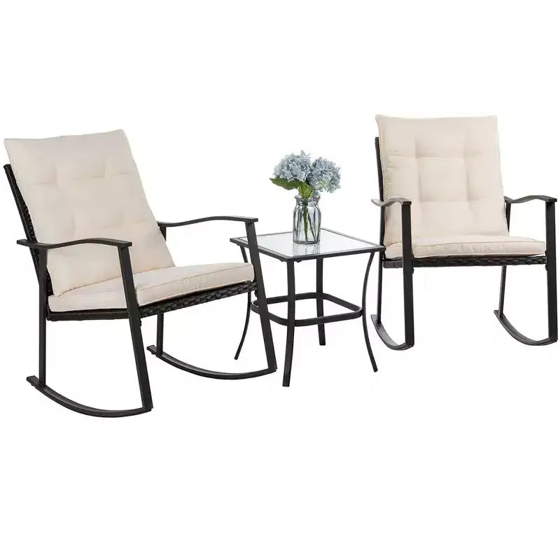 Celebalcony 3 Piece Outdoor Rocking Chair Set, Front Porch PE Wicker Rattan Small Bistro Set,Cushioned Patio Rocker Chair Set with Glass Table (Beige)