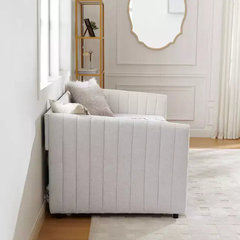 GDFStudio Scarlett Upholstered Daybed with Trundle, Vertical Stripe Backrest Sofa Bed