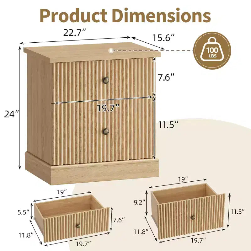 Fluted Drawer Nightstand,Mid-Century Modern Bedside Table with Curved Edge Base, Space-Saving Storage for Bedroom & Living Room