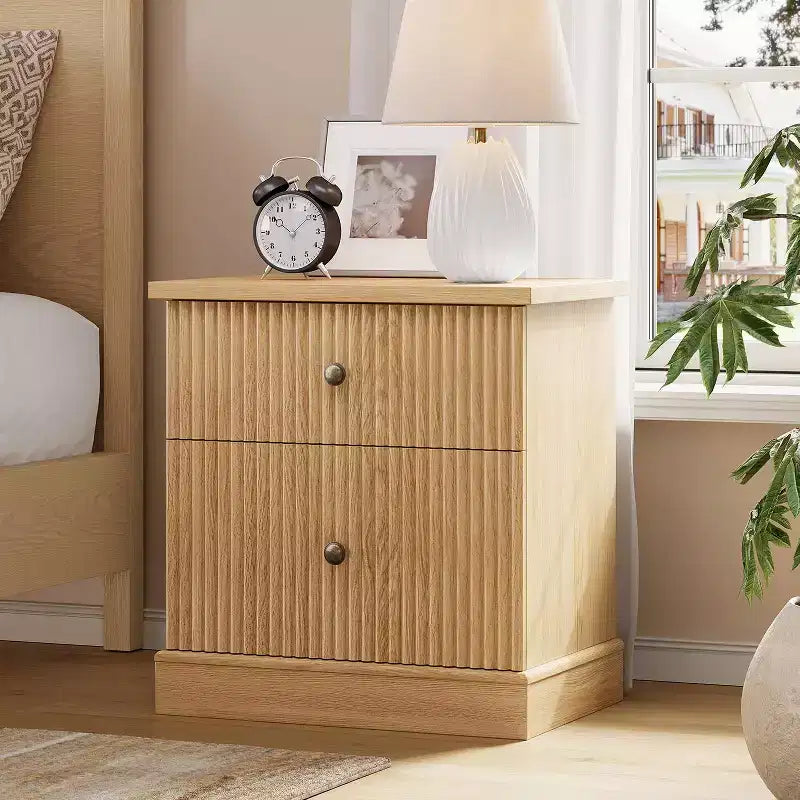 Fluted Drawer Nightstand,Mid-Century Modern Bedside Table with Curved Edge Base, Space-Saving Storage for Bedroom & Living Room