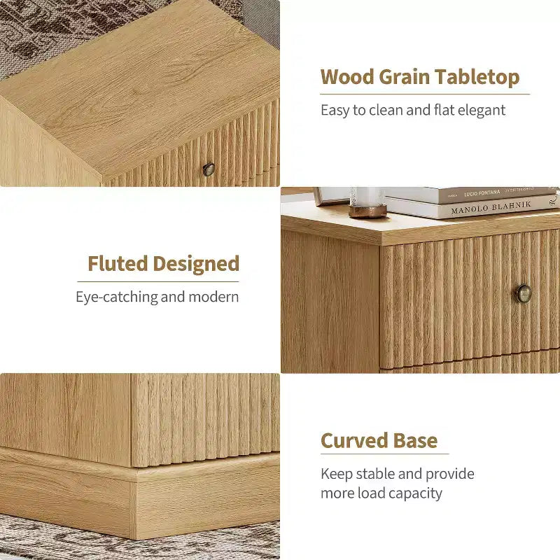 Fluted Drawer Nightstand,Mid-Century Modern Bedside Table with Curved Edge Base, Space-Saving Storage for Bedroom & Living Room