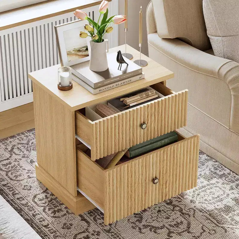 Fluted Drawer Nightstand,Mid-Century Modern Bedside Table with Curved Edge Base, Space-Saving Storage for Bedroom & Living Room