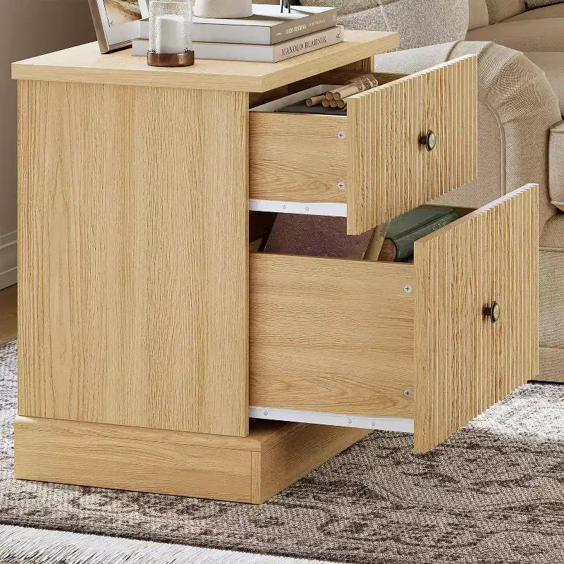 Fluted Drawer Nightstand,Mid-Century Modern Bedside Table with Curved Edge Base, Space-Saving Storage for Bedroom & Living Room