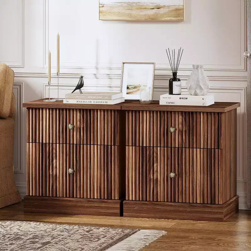 Fluted Drawer Nightstand,Mid-Century Modern Bedside Table with Curved Edge Base, Space-Saving Storage for Bedroom & Living Room