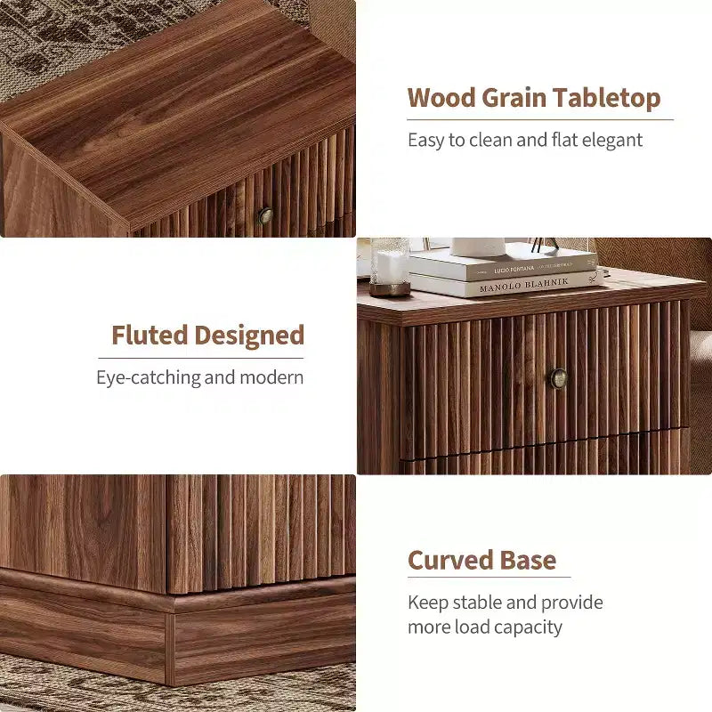 Fluted Drawer Nightstand,Mid-Century Modern Bedside Table with Curved Edge Base, Space-Saving Storage for Bedroom & Living Room