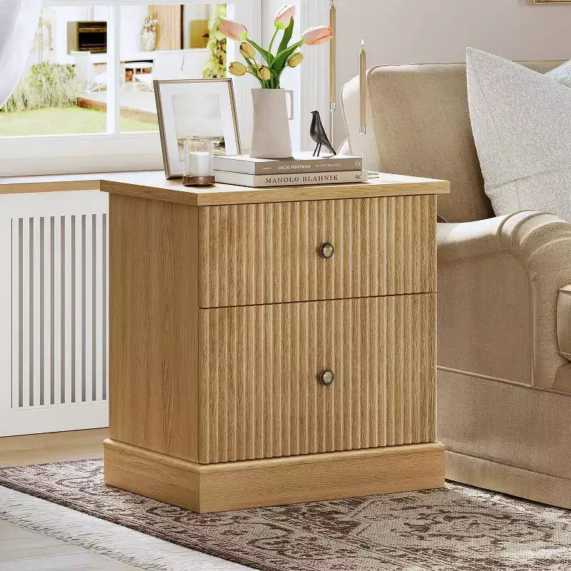 Fluted Drawer Nightstand,Mid-Century Modern Bedside Table with Curved Edge Base, Space-Saving Storage for Bedroom & Living Room