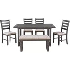 Farmhouse 6 Pieces Dining Table Set with Bench, Wood Rectangle Table and 4 Upholstered Chairs for Kitchen, Gray