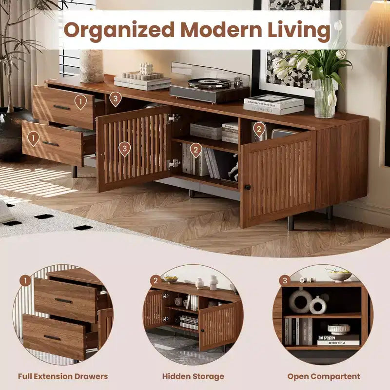 78 Fluted TV Stand for TVs Up to 85, Mid Century Modern Entertainment Center with Storage Drawers & Soft-Closing Door