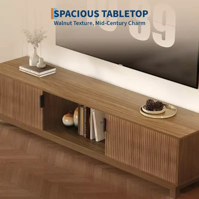 70 Fluted TV Stand in Walnut for TVs up to 75 - Mid-Century Modern Media Console with Hidden Storage, Adjustable Shelves and Cable Management
