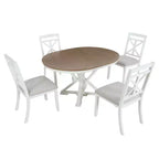 Farmhouse Extendable Round Dining Set for 4, Kitchen Dining Table Set with 4 Upholstered Dining Chairs for Dining Room