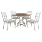 Farmhouse Extendable Round Dining Set for 4, Kitchen Dining Table Set with 4 Upholstered Dining Chairs for Dining Room
