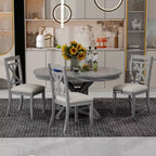Farmhouse Extendable Round Dining Set for 4, Kitchen Dining Table Set with 4 Upholstered Dining Chairs for Dining Room