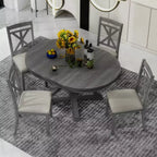 Farmhouse Extendable Round Dining Set for 4, Kitchen Dining Table Set with 4 Upholstered Dining Chairs for Dining Room