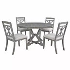 Farmhouse Extendable Round Dining Set for 4, Kitchen Dining Table Set with 4 Upholstered Dining Chairs for Dining Room