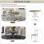 Farmhouse Extendable Round Dining Set for 4, Kitchen Dining Table Set with 4 Upholstered Dining Chairs for Dining Room