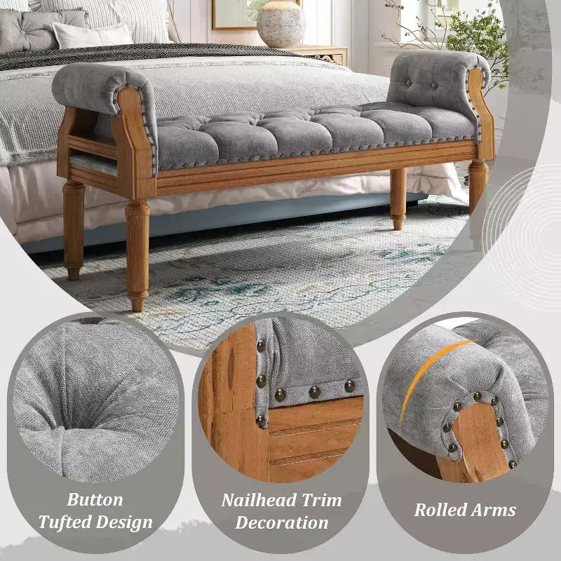 Upholstered Bed Bench Classic Button-Tufted Ottoman Mid-Century Entryway Shoe Bench Padded Vanity Stool Footstool with Rolled Arms - ModernLuxe
