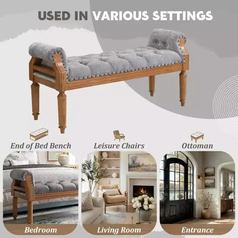Upholstered Bed Bench Classic Button-Tufted Ottoman Mid-Century Entryway Shoe Bench Padded Vanity Stool Footstool with Rolled Arms - ModernLuxe