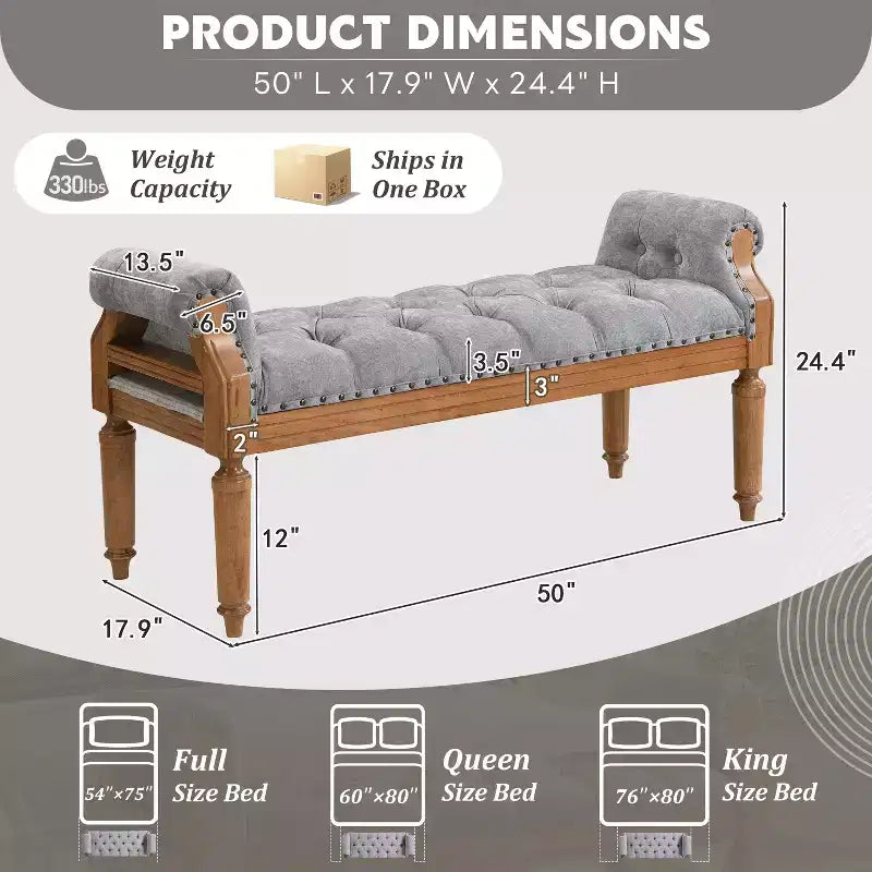Upholstered Bed Bench Classic Button-Tufted Ottoman Mid-Century Entryway Shoe Bench Padded Vanity Stool Footstool with Rolled Arms - ModernLuxe