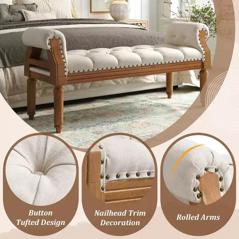 Upholstered Bed Bench Classic Button-Tufted Ottoman Mid-Century Entryway Shoe Bench Padded Vanity Stool Footstool with Rolled Arms - ModernLuxe
