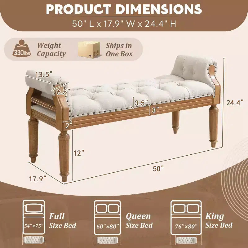 Upholstered Bed Bench Classic Button-Tufted Ottoman Mid-Century Entryway Shoe Bench Padded Vanity Stool Footstool with Rolled Arms - ModernLuxe
