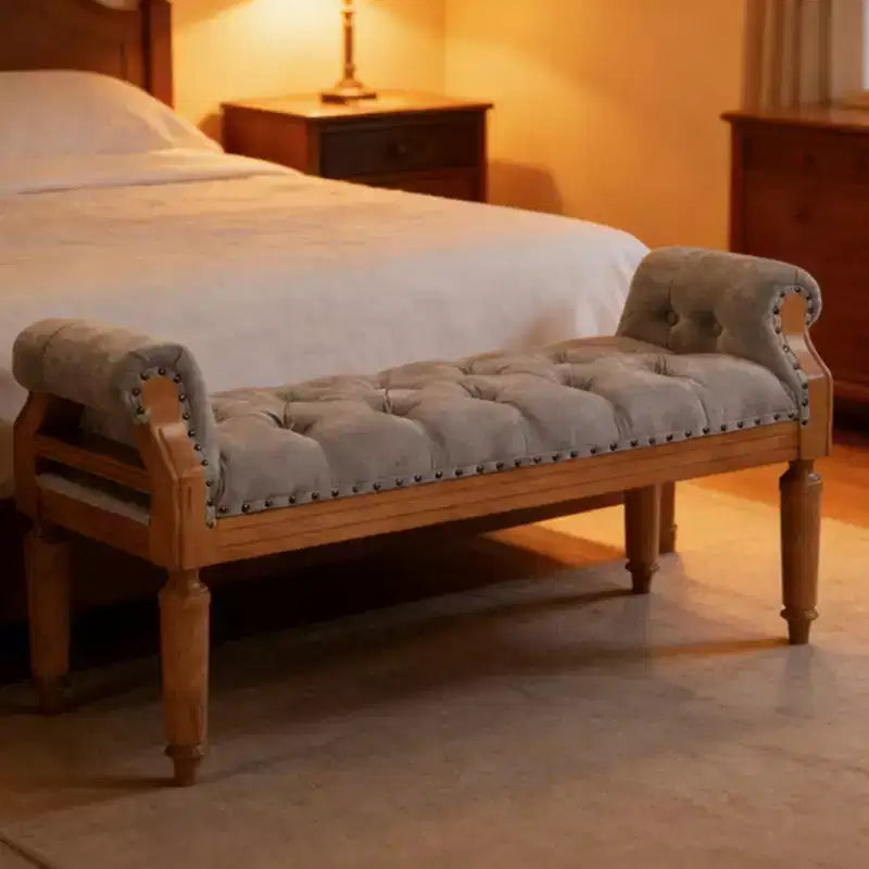 Upholstered Bed Bench Classic Button-Tufted Ottoman Mid-Century Entryway Shoe Bench Padded Vanity Stool Footstool with Rolled Arms - ModernLuxe