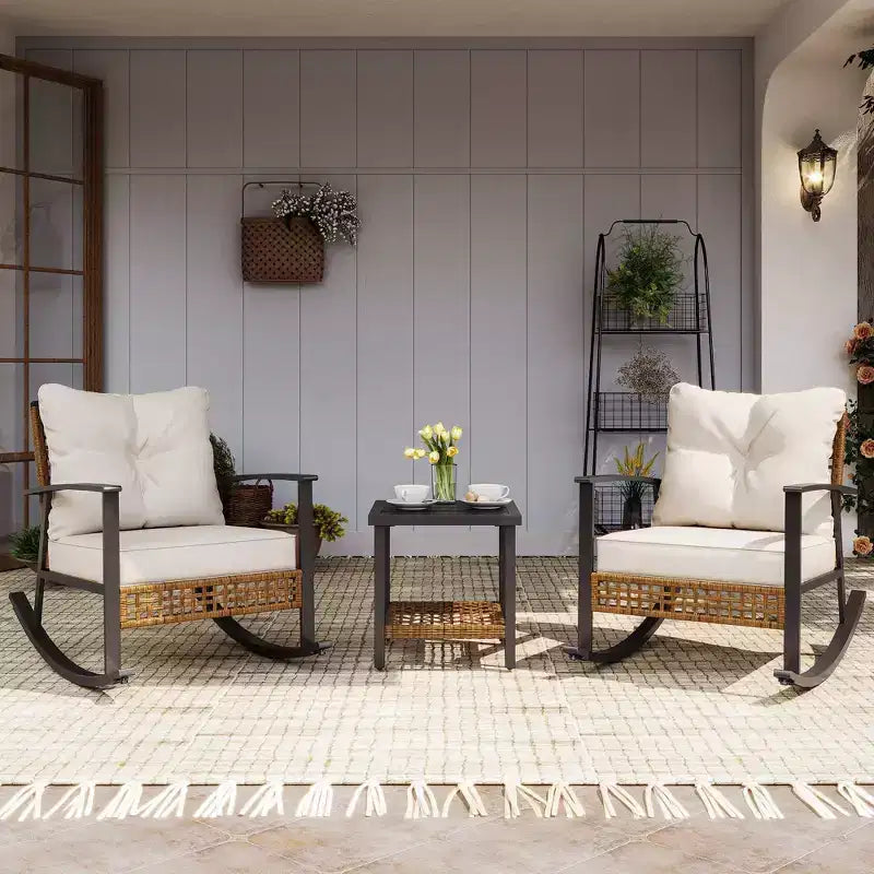 LAUSAINT HOME 3 Pieces Rocking Bistro Set, Oversize Rattan Conversation Set, Thick Cushions for Garden, Balcony, Backyard