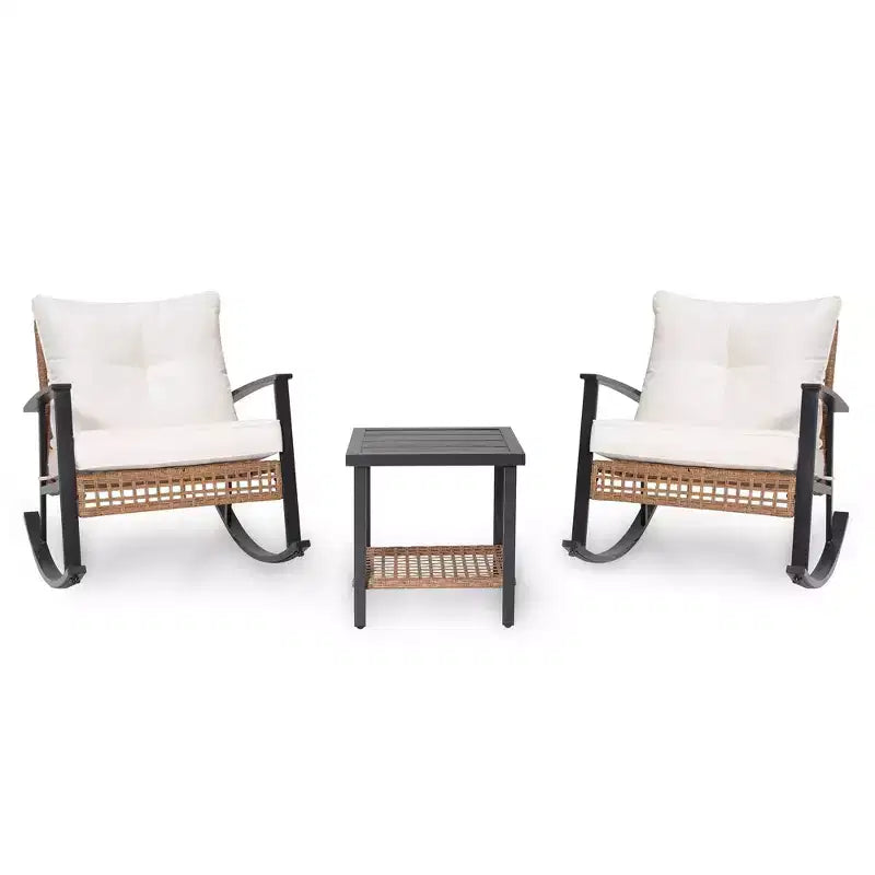 LAUSAINT HOME 3 Pieces Rocking Bistro Set, Oversize Rattan Conversation Set, Thick Cushions for Garden, Balcony, Backyard