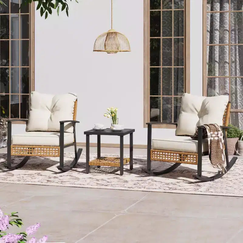 LAUSAINT HOME 3 Pieces Rocking Bistro Set, Oversize Rattan Conversation Set, Thick Cushions for Garden, Balcony, Backyard