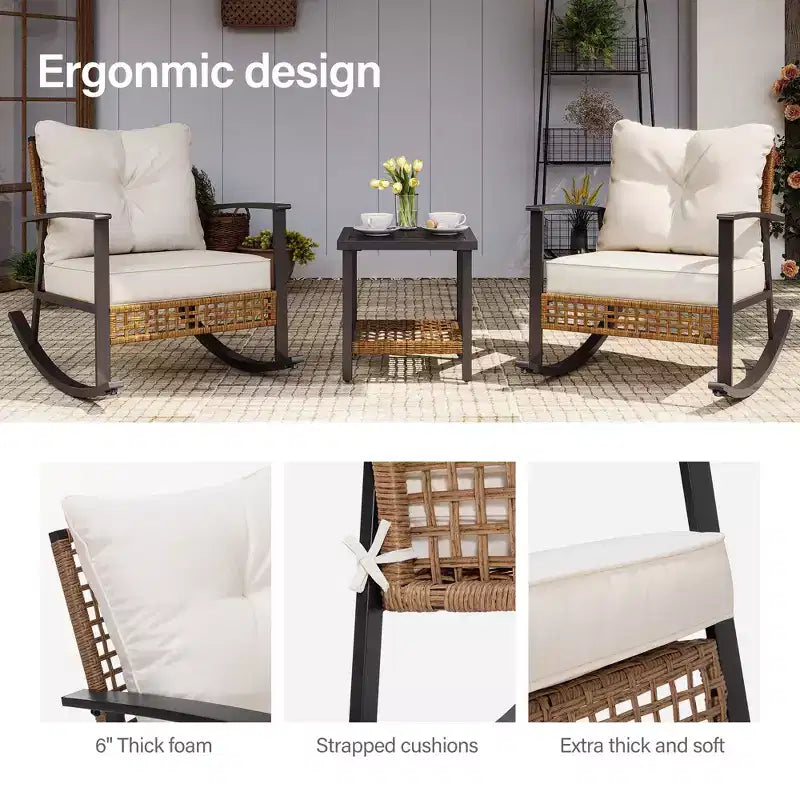 LAUSAINT HOME 3 Pieces Rocking Bistro Set, Oversize Rattan Conversation Set, Thick Cushions for Garden, Balcony, Backyard