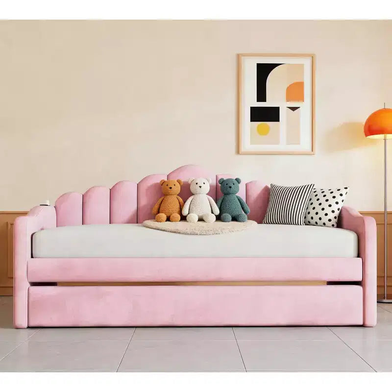 Twin Size Upholstered Sofa Bed with Trundle & USB Charging Station, Velvet Daybed for Bedroom, Pink
