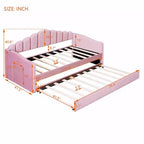 Twin Size Upholstered Sofa Bed with Trundle & USB Charging Station, Velvet Daybed for Bedroom, Pink