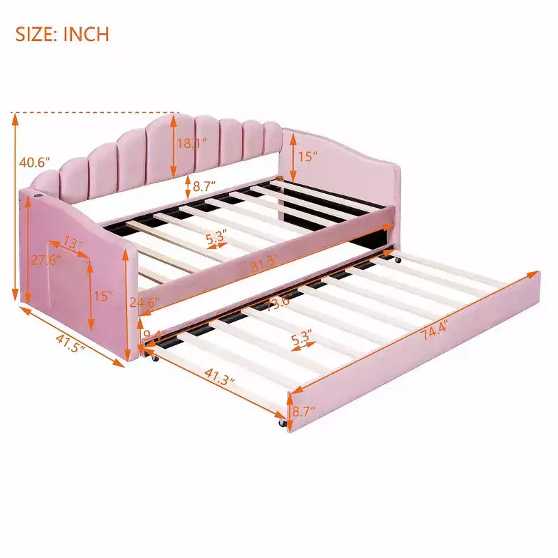 Twin Size Upholstered Sofa Bed with Trundle & USB Charging Station, Velvet Daybed for Bedroom, Pink