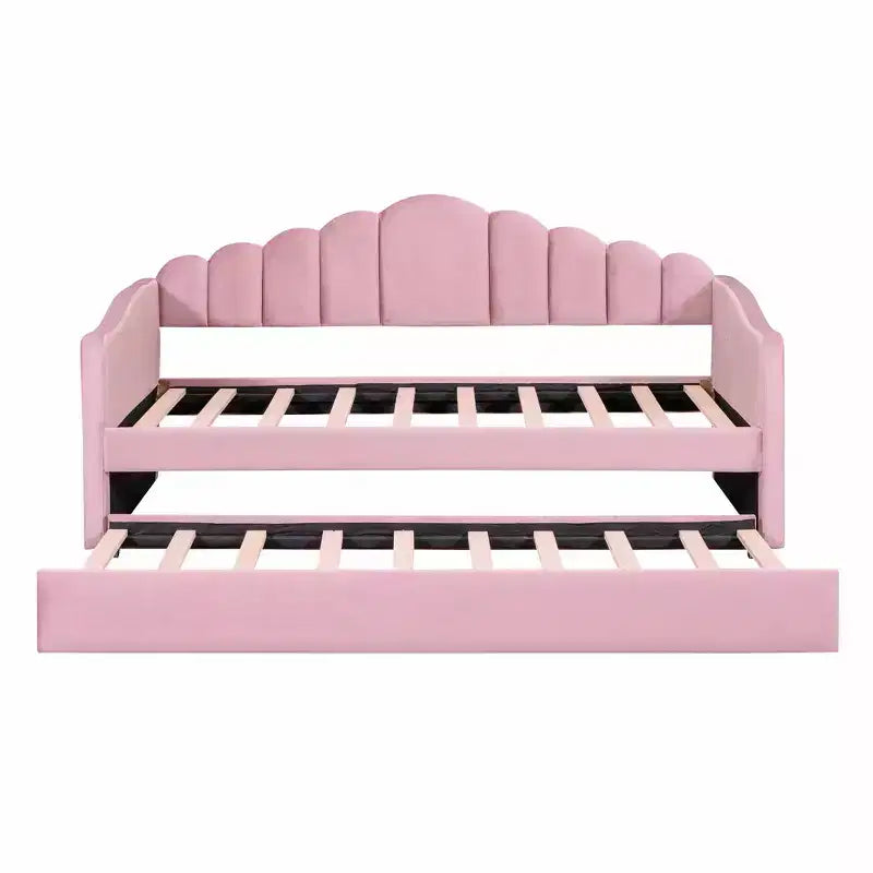 Twin Size Upholstered Sofa Bed with Trundle & USB Charging Station, Velvet Daybed for Bedroom, Pink