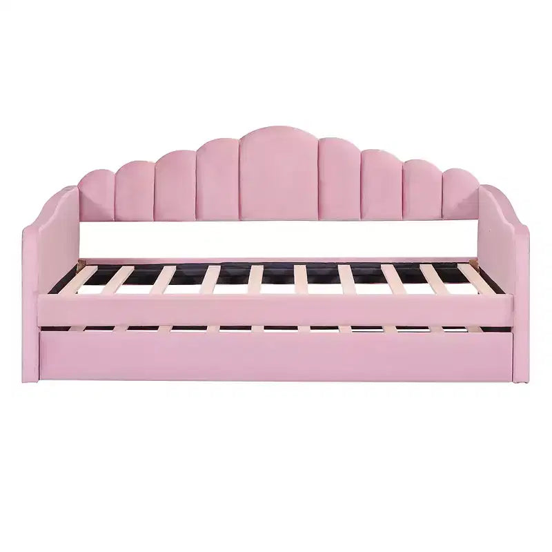 Twin Size Upholstered Sofa Bed with Trundle & USB Charging Station, Velvet Daybed for Bedroom, Pink