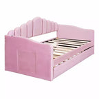 Twin Size Upholstered Sofa Bed with Trundle & USB Charging Station, Velvet Daybed for Bedroom, Pink