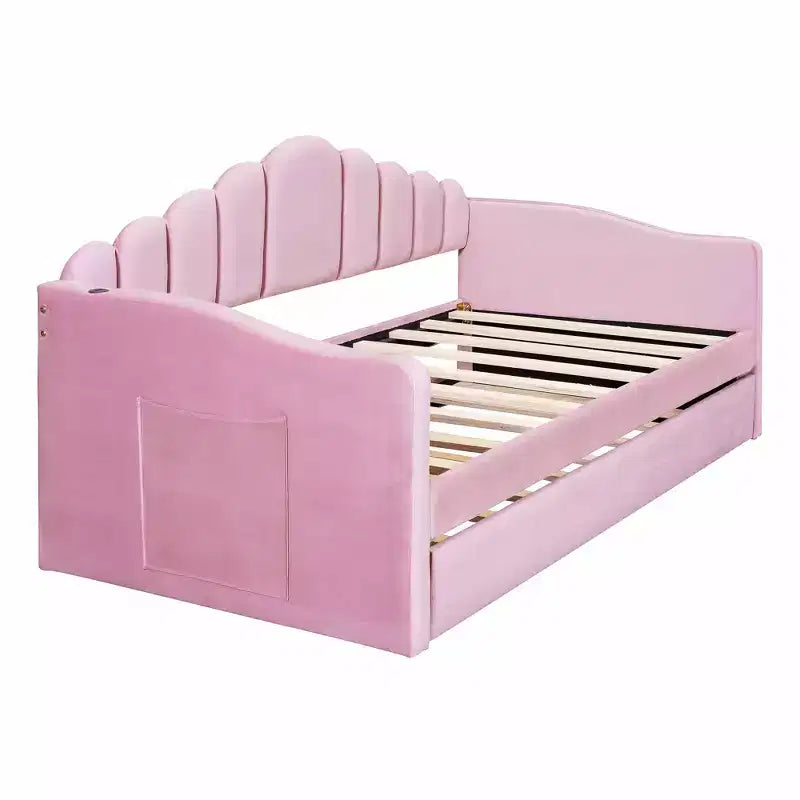 Twin Size Upholstered Sofa Bed with Trundle & USB Charging Station, Velvet Daybed for Bedroom, Pink
