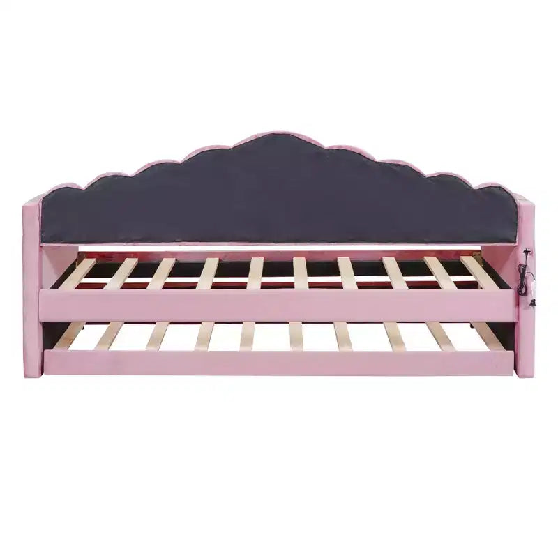 Twin Size Upholstered Sofa Bed with Trundle & USB Charging Station, Velvet Daybed for Bedroom, Pink