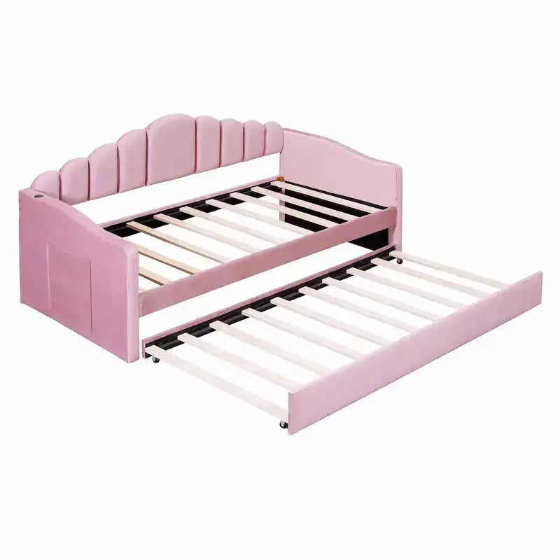 Twin Size Upholstered Sofa Bed with Trundle & USB Charging Station, Velvet Daybed for Bedroom, Pink