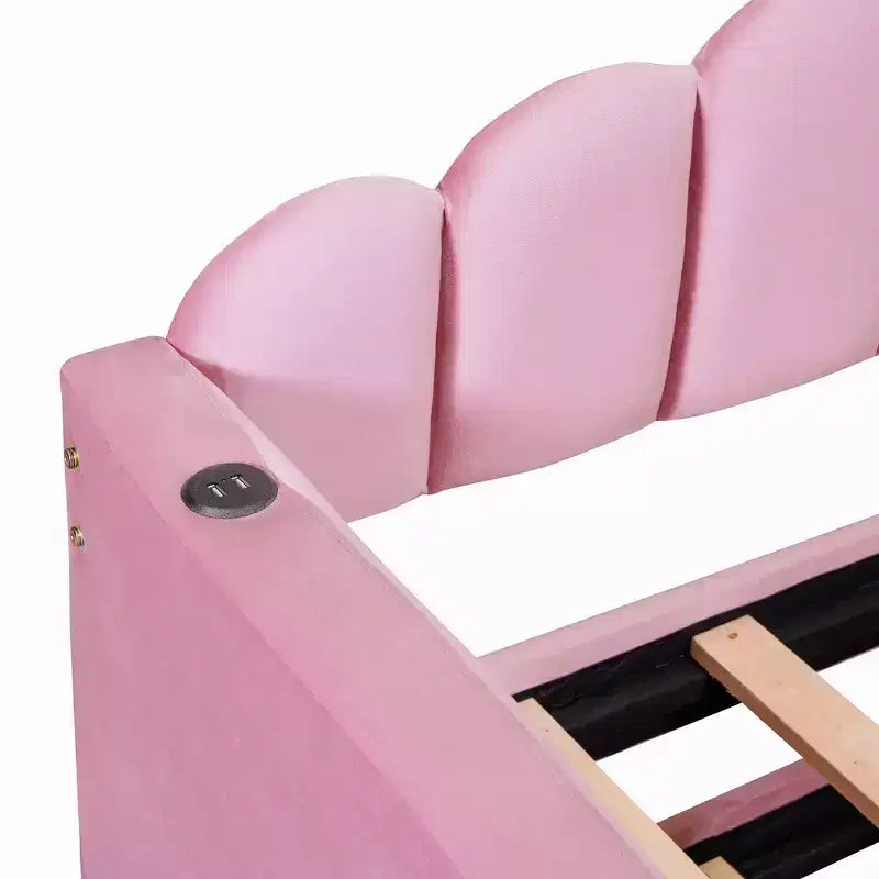 Twin Size Upholstered Sofa Bed with Trundle & USB Charging Station, Velvet Daybed for Bedroom, Pink