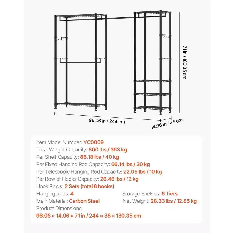 VIYET Heavy Duty Freestanding Clothing Rack - Steel Frame, Storage Shelves, 800LBS Load