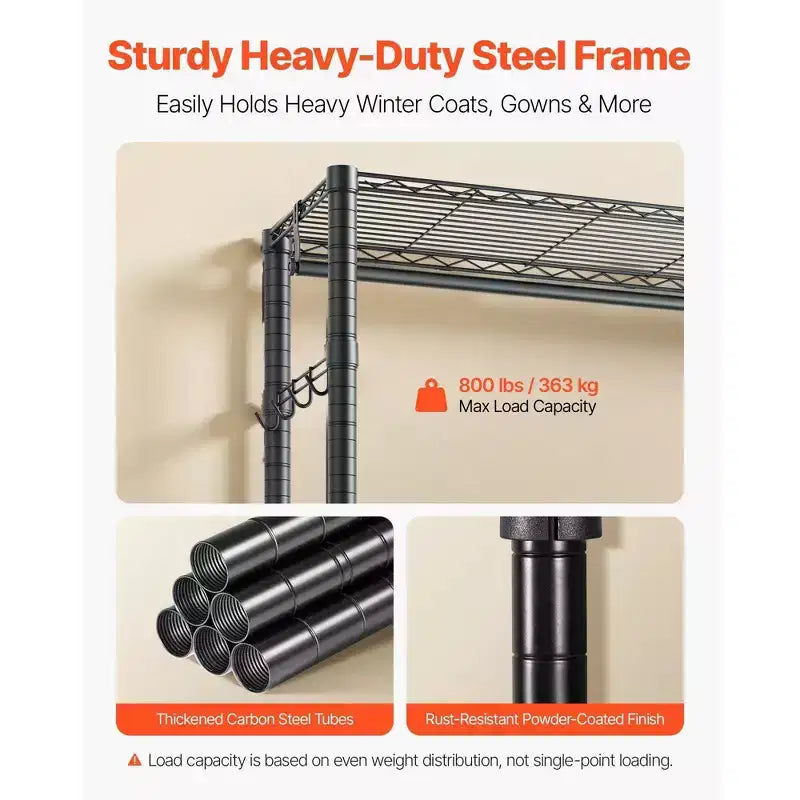 VIYET Heavy Duty Freestanding Clothing Rack - Steel Frame, Storage Shelves, 800LBS Load