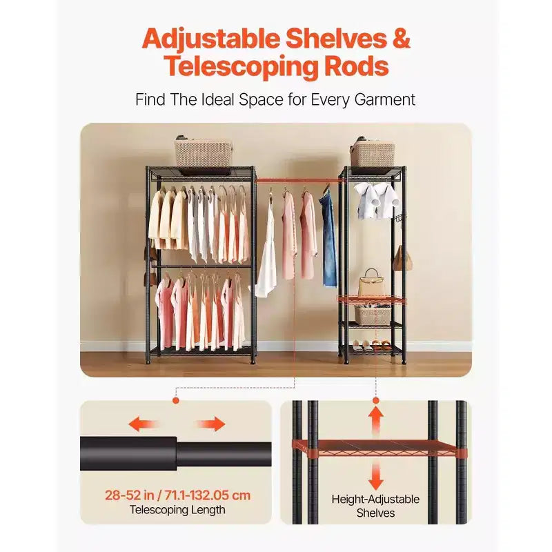 VIYET Heavy Duty Freestanding Clothing Rack - Steel Frame, Storage Shelves, 800LBS Load