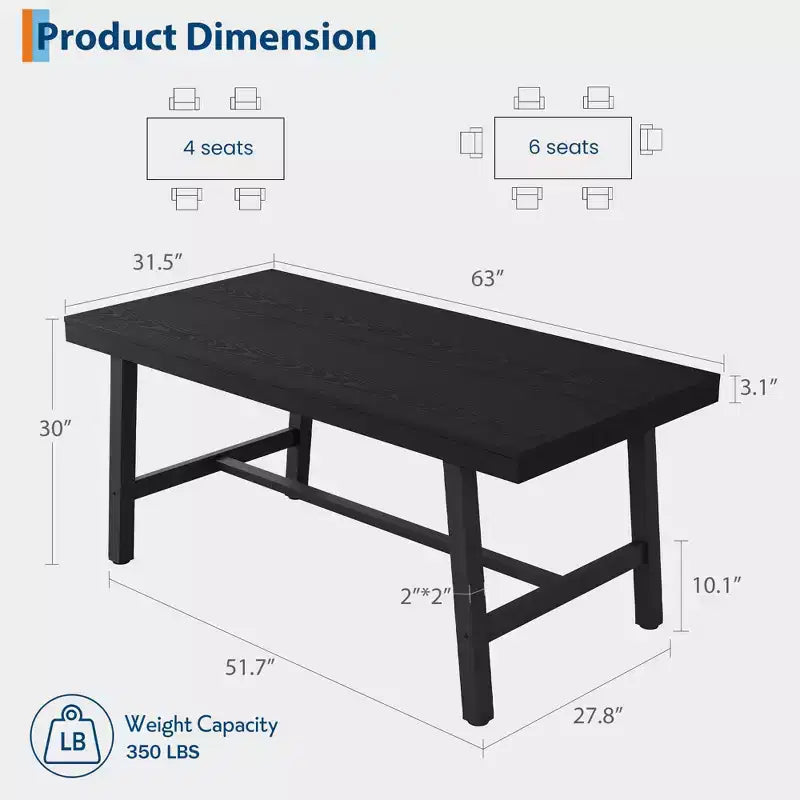 Acekool Industrial Dining Table, Rectangular Kitchen & Dining Room Table for 4-6, Rustic Wood and Metal Design
