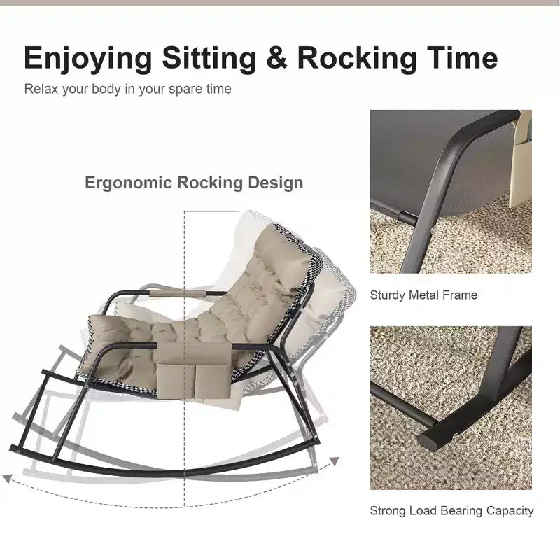 Rocking Chair with Storage, Cushions & ArmrestsAll-Season Ergonomic Lounge Chair, Breathable Comfort for Bedroom, Living Room, Patio, Garden