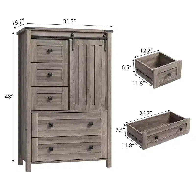 Farmhouse 5 Drawer Dresser for Bedroom, Wood Dresser Chest of Drawer with Sliding Barn Door, Adjustable Shelf, Storage Organizer for Bedroom