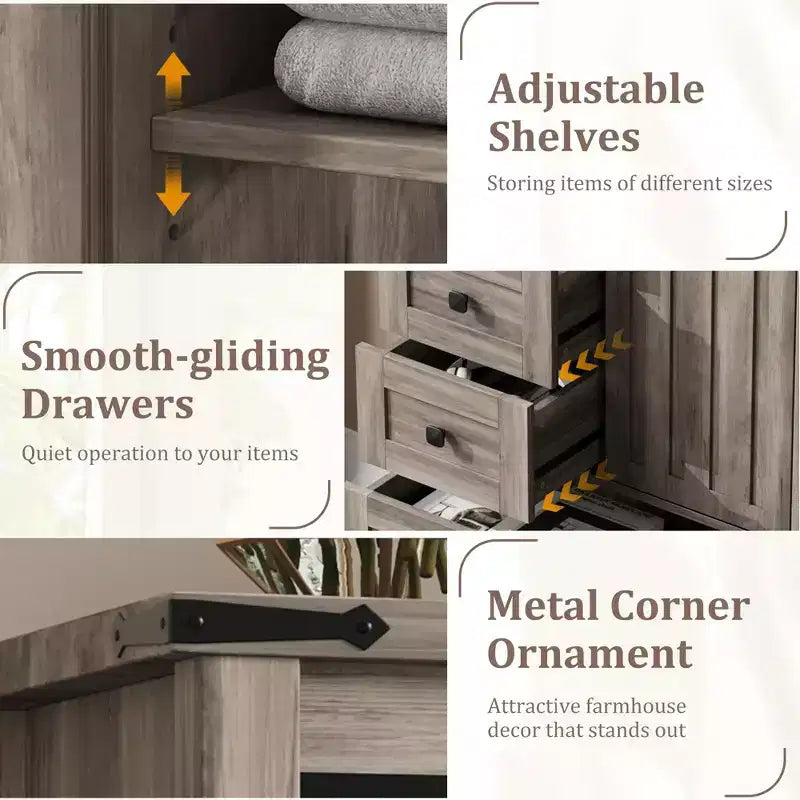 Farmhouse 5 Drawer Dresser for Bedroom, Wood Dresser Chest of Drawer with Sliding Barn Door, Adjustable Shelf, Storage Organizer for Bedroom