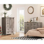 Farmhouse 5 Drawer Dresser for Bedroom, Wood Dresser Chest of Drawer with Sliding Barn Door, Adjustable Shelf, Storage Organizer for Bedroom