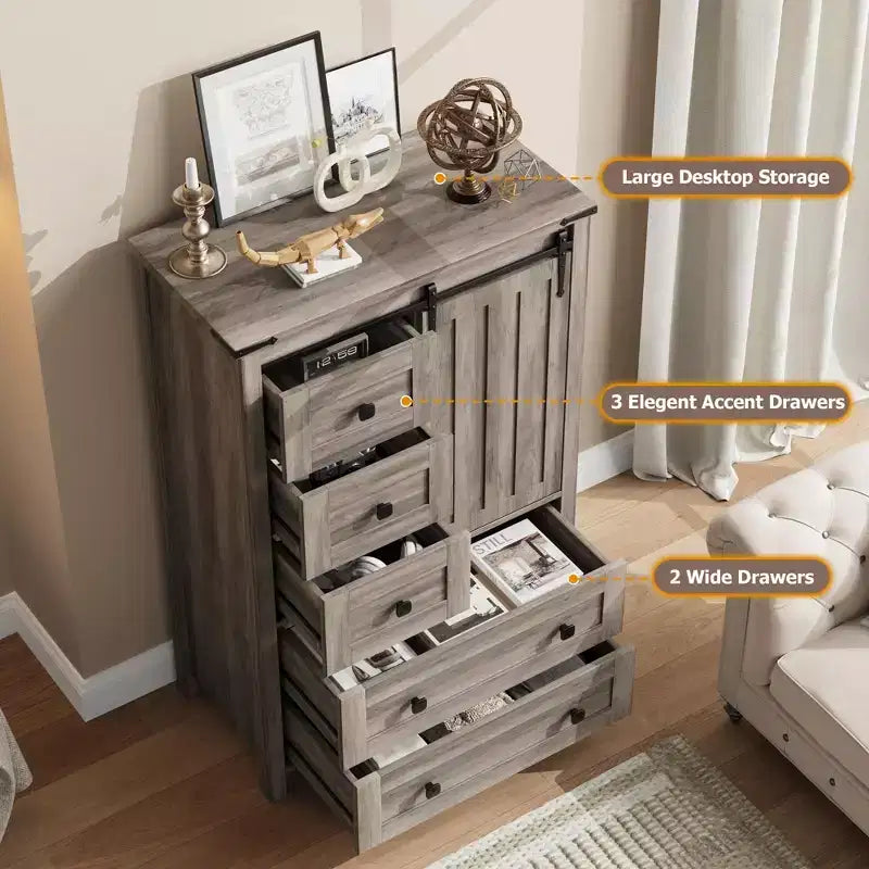 Farmhouse 5 Drawer Dresser for Bedroom, Wood Dresser Chest of Drawer with Sliding Barn Door, Adjustable Shelf, Storage Organizer for Bedroom